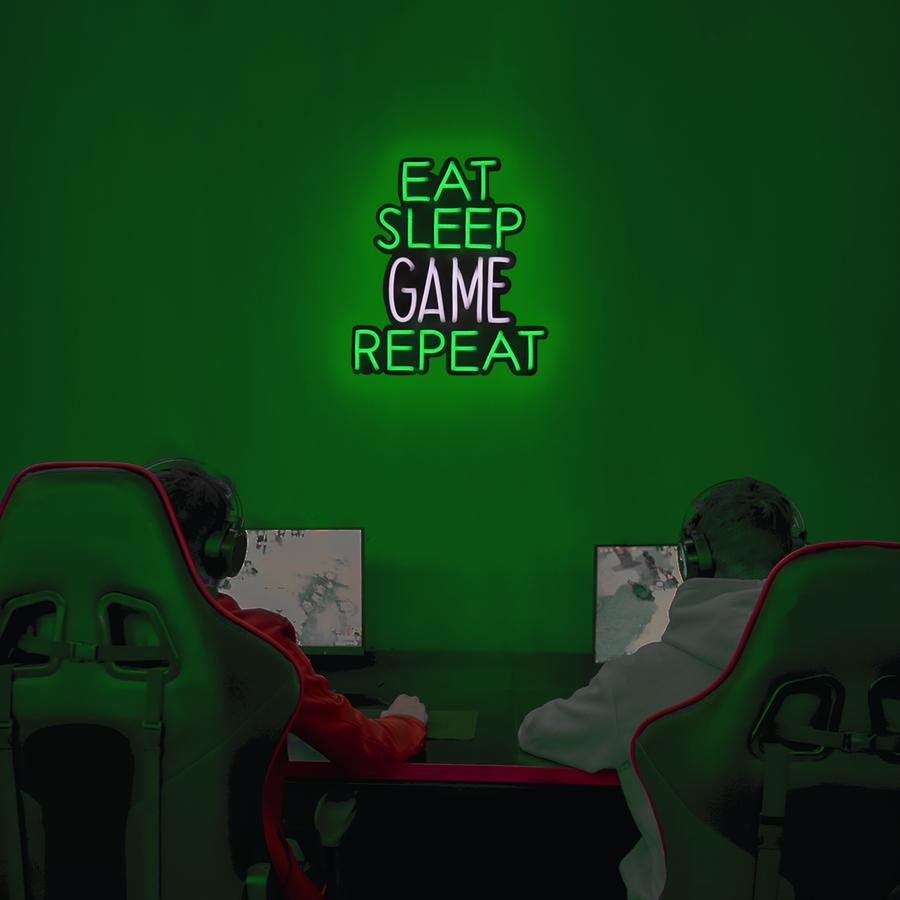'EAT SLEEP GAME REPEAT' GREEN & WHITE NEON LED WALL MOUNTABLE SIGN
