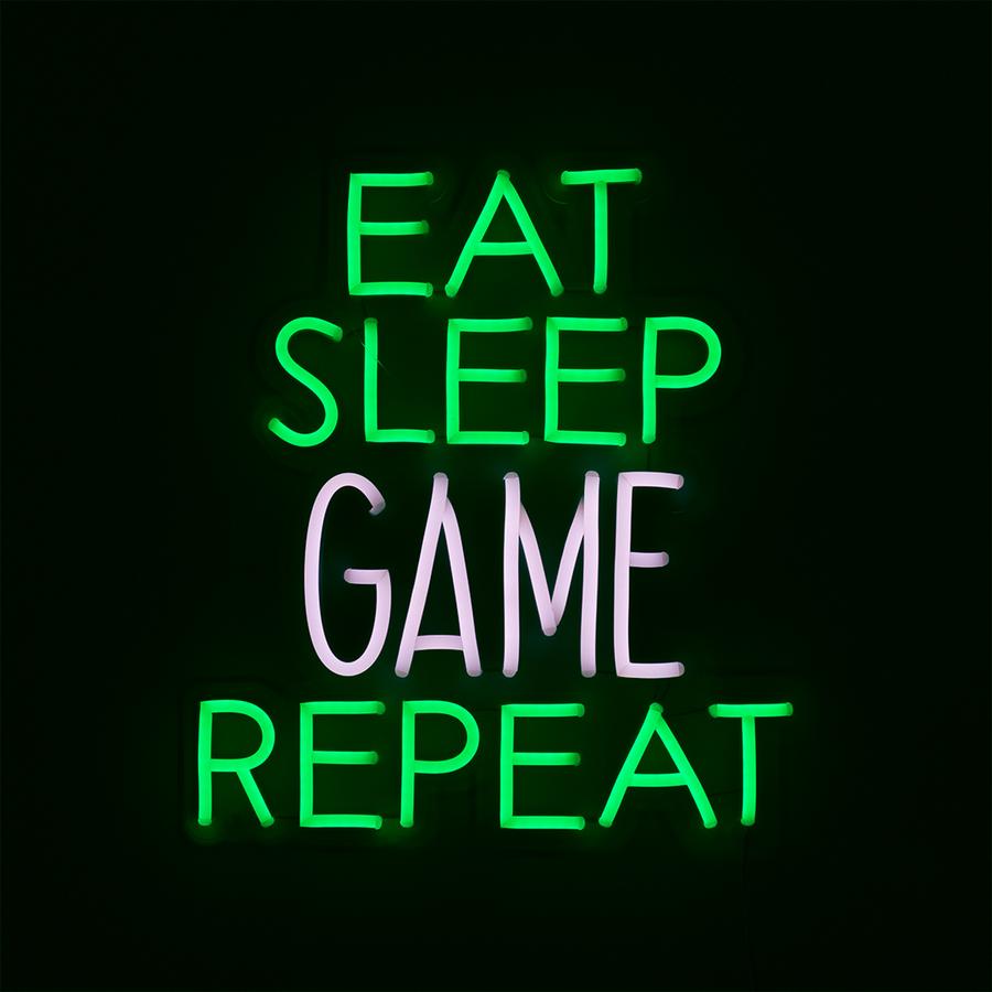 'EAT SLEEP GAME REPEAT' GREEN & WHITE NEON LED WALL MOUNTABLE SIGN